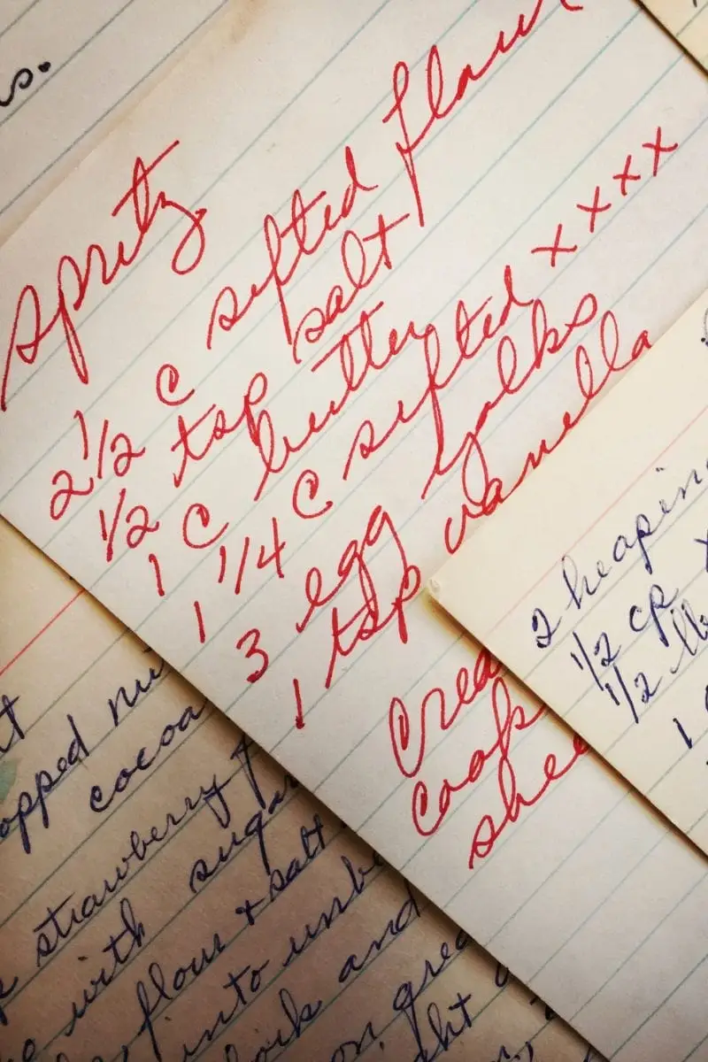 Close-up view of handwritten recipes on lined paper. 