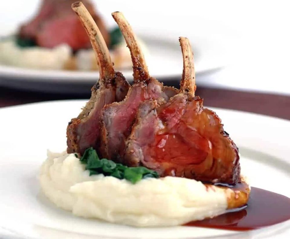 Parmesan-Crusted Lamb Racks with Mashed Potatoes & Red Wine Jus