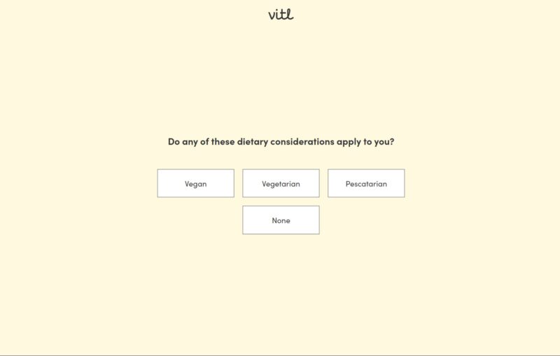 A screenshot of the Vitl health quiz with dietary specifications - for this Vitl review